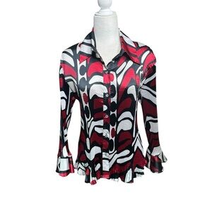 Elegant Women's Red and Black Button-Down Shirt